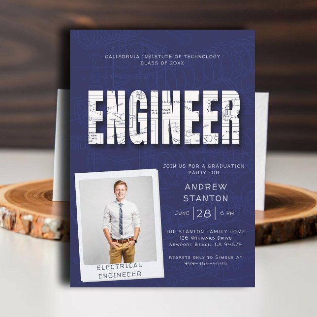 College Graduation Party Engineer Technology Navy Invitation (college grad engineering engineer graduation ceremony party invitation navy blue technical science)