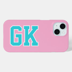 College Pink Turquoise Varsity Monogram Initials iPhone 15 Case