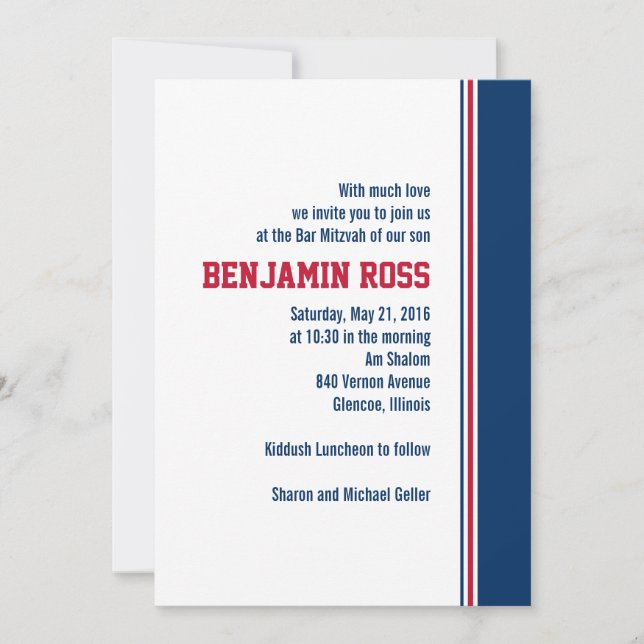 College Stripe Bar Mitzvah Invitation (Front)
