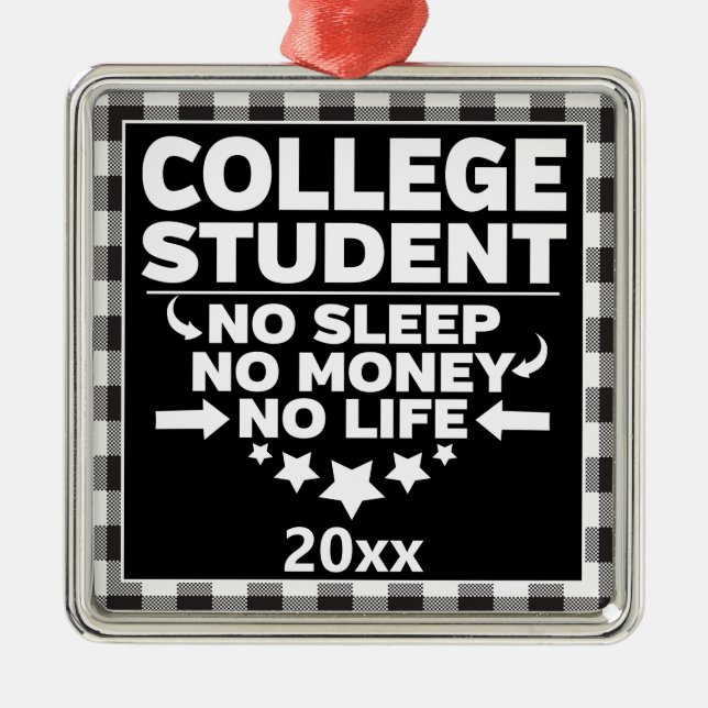 College Student No Sleep Money Life Buffalo Plaid Metal Tree Decoration (Front)