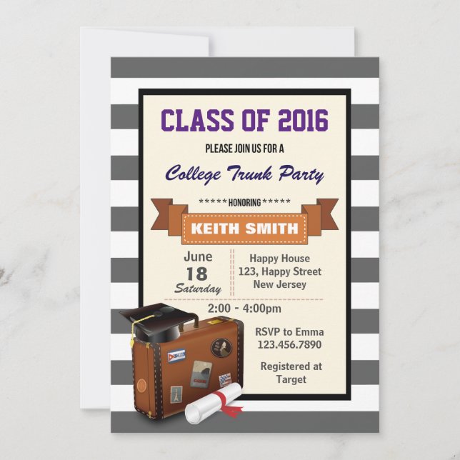 College Trunk Party Invitation. Graduation Party Invitation (Front)