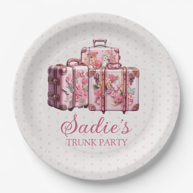 College Trunk Party Vintage Suitcases Pink  Paper Plate (Front)