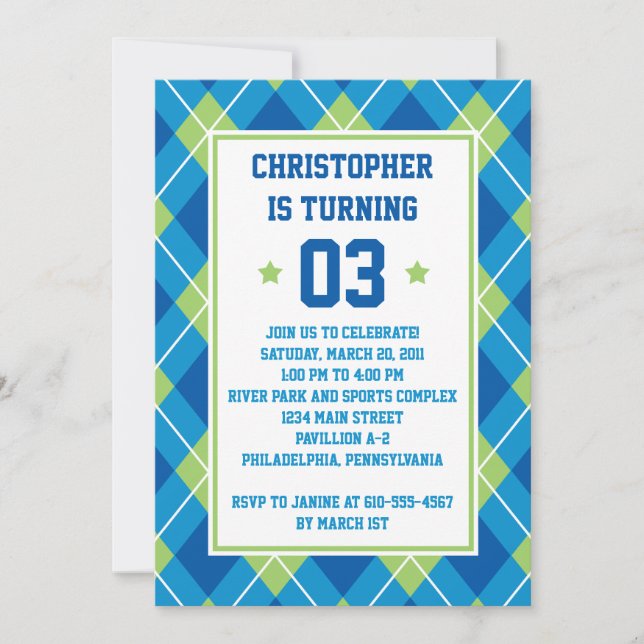 Collegiate Style Blue & Green Argyle 5X7 Birthday Invitation (Front)