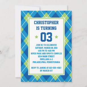 Collegiate Style Blue & Green Argyle 5X7 Birthday Invitation