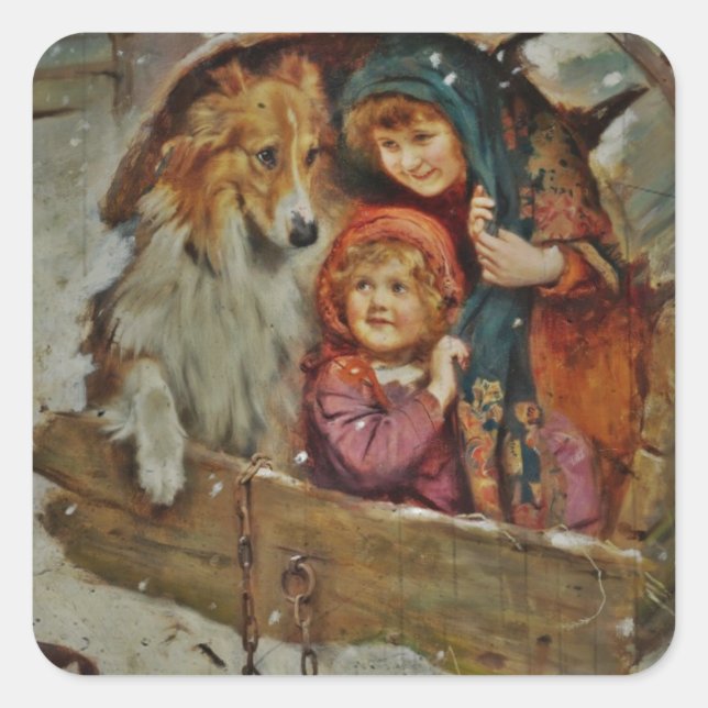 Collie and Children in the Doghouse Square Sticker (Front)
