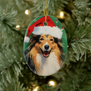 Collie Christmas brush painting artwork Ceramic Tree Decoration