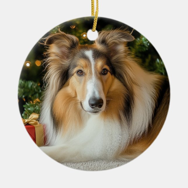 Collie Christmas Ceramic Tree Decoration (Front)