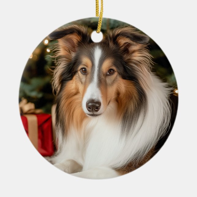 Collie Christmas Ceramic Tree Decoration (Front)