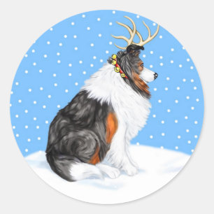 Collie Christmas Reindeer Tri Classic Round Sticker