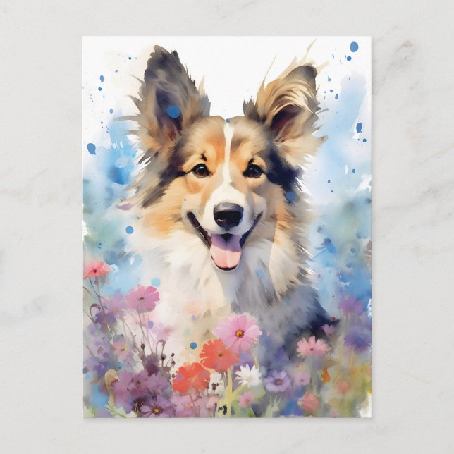 Collie colourful watercolor artwork postcard (Front)