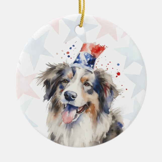 Collie Dog, 4th of july Personalized Ceramic Tree Decoration (Front)