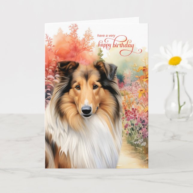 Collie Dog Birthday Wishes Flower Garden Card (Small Plant)
