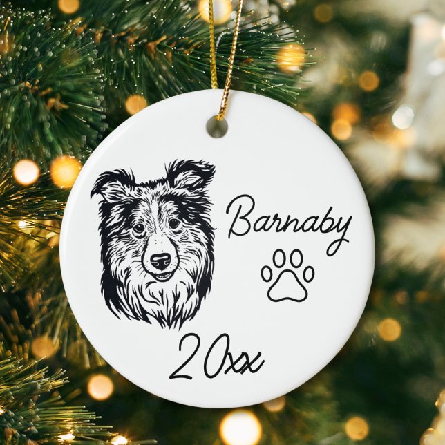 Collie Dog Custom Name & Year Line Art Ceramic Tree Decoration (Collie Dog Custom Name and Year Ornament with Paw Print. Black and White Line Art Modern)