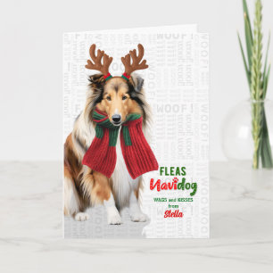 Collie Dog Funny Fleas Navidog with Name Holiday Card