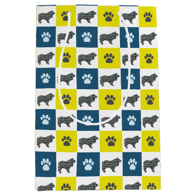 Collie Dog & Paw Yellow and Blue Grid Lines Medium Gift Bag (Front)