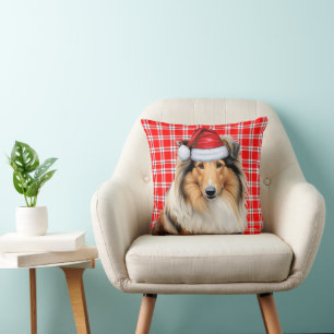 Collie Dog Red Plaid Christmas Holiday Cushion