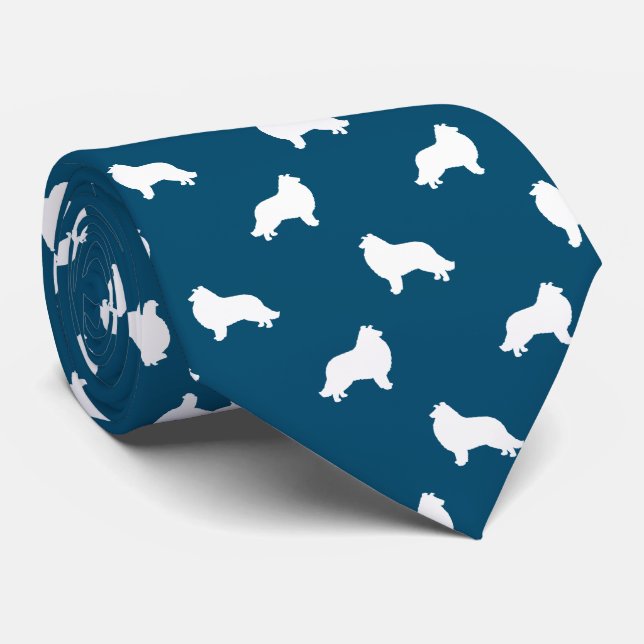 Collie Dog Silhouettes Pattern Blue and White Tie (Rolled)