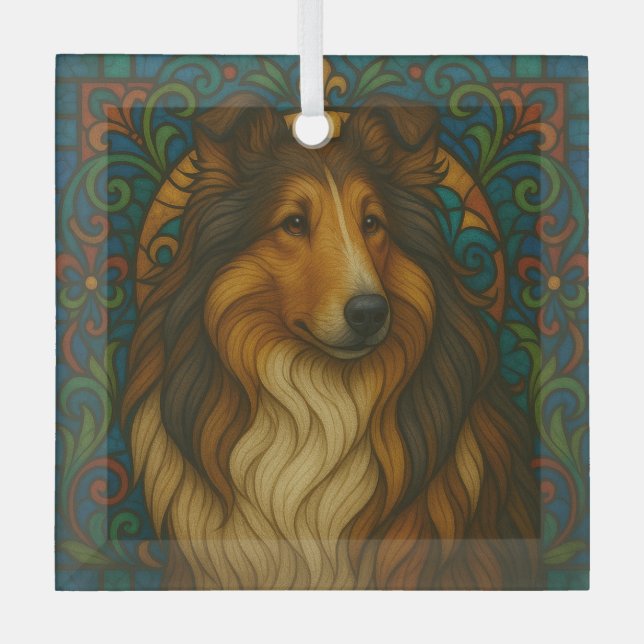 Collie Dog "Stained Glass"  Glass Tree Decoration (Front)