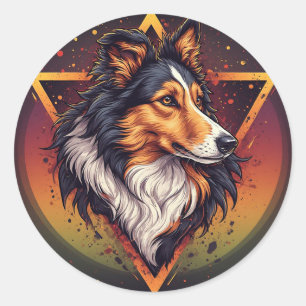 Collie Dog with Vibrant Geometric Background Classic Round Sticker