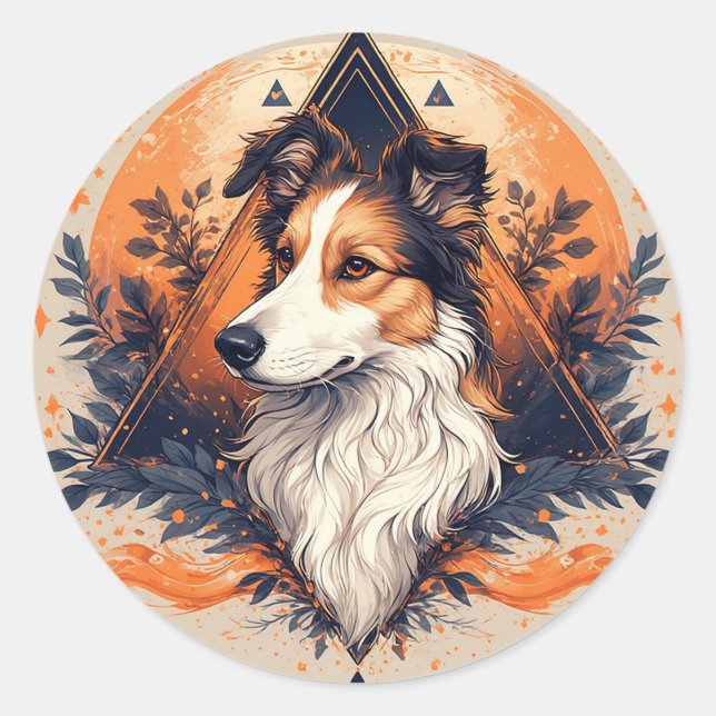 Collie Dog with Vibrant Geometric Background Classic Round Sticker (Front)