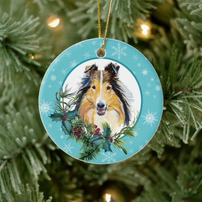 Collie Evergreen Blue Snowflake Border Ceramic Tree Decoration (Tree)