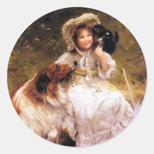 Collie, Girl and Cat Classic Round Sticker