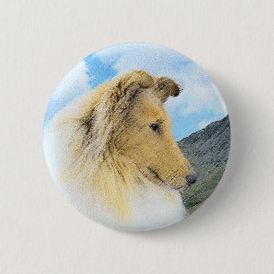 Collie in Mountains (Rough) Painting - Dog Art 6 Cm Round Badge