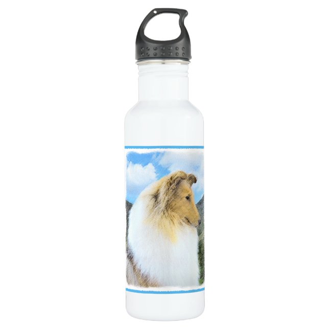 Collie in Mountains (Rough) Painting - Dog Art 710 Ml Water Bottle (Front)