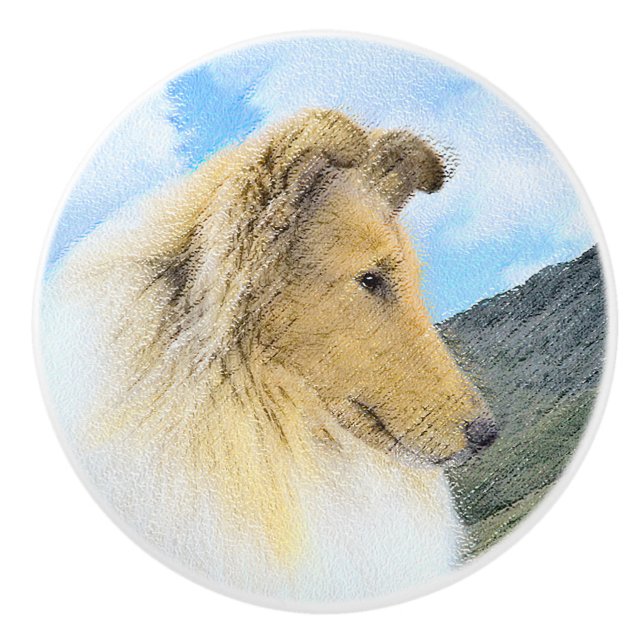 Collie in Mountains (Rough) Painting - Dog Art Ceramic Knob (Front)