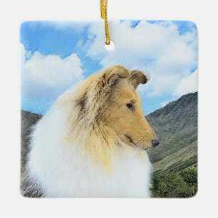 Collie in Mountains (Rough) Painting - Dog Art Ceramic Ornament