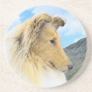 Collie in Mountains (Rough) Painting - Dog Art Coaster