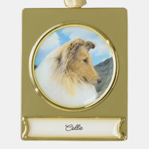 Collie in Mountains (Rough) Painting - Dog Art Gol Gold Plated Banner Ornament