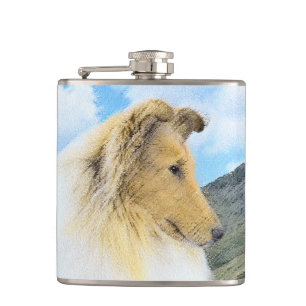Collie in Mountains (Rough) Painting - Dog Art Hip Flask