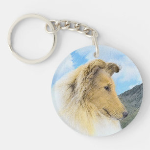 Collie in Mountains (Rough) Painting - Dog Art Key Ring