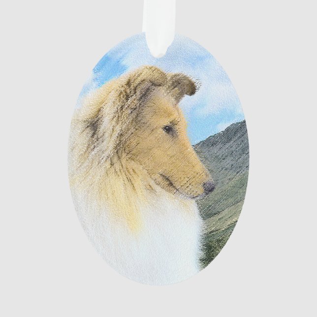 Collie in Mountains (Rough) Painting - Dog Art Ornament (Back)