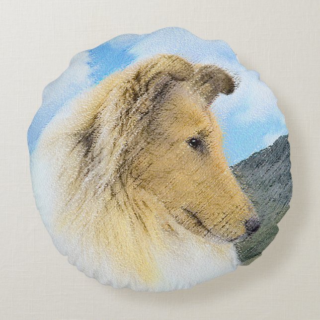 Collie in Mountains (Rough) Painting - Dog Art Round Cushion (Back)