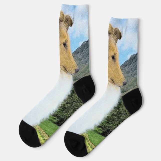 Collie in Mountains (Rough) Painting - Dog Art Socks (Left)