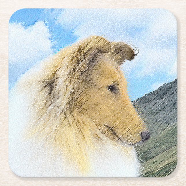 Collie in Mountains (Rough) Painting - Dog Art Square Paper Coaster (Front)