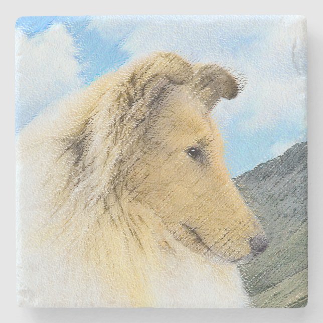 Collie in Mountains (Rough) Painting - Dog Art Stone Coaster (Front)