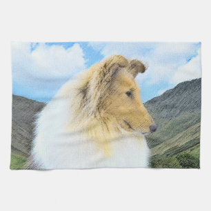 Collie in Mountains (Rough) Painting - Dog Art Tea Towel