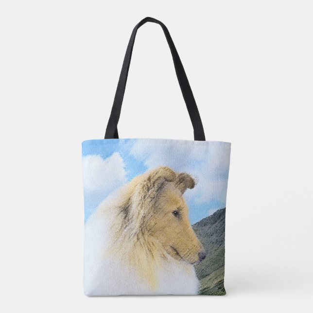 Collie in Mountains (Rough) Painting - Dog Art Tote Bag (Back)