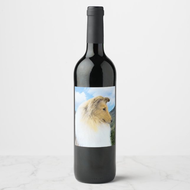 Collie in Mountains (Rough) Painting - Dog Art Wine Label (Front)