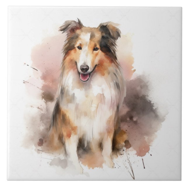 Collie Lassie Dog Watercolor Tile (Front)