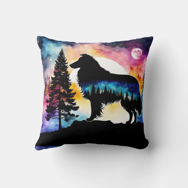 Collie on mountain top on colourful forest cushion (Back)