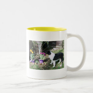COLLIE PUP TAKES TIME TO SMELL THE FLOWERS Two-Tone COFFEE MUG