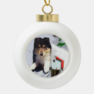 Collie Puppy Christmas Mailbox Ceramic Ball Christmas Ornament
