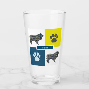 Collie Rough Dog Silhouette & Paw Y&B Grid Glass