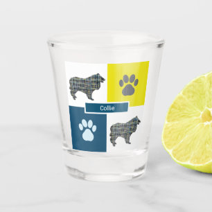 Collie Rough Dog Silhouette & Paw Y&B Grid Shot Glass