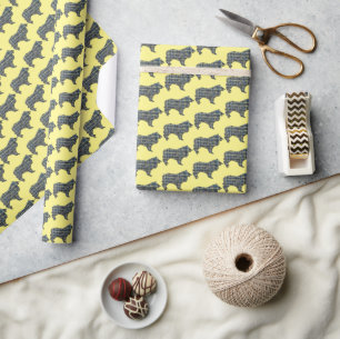Collie Rough Dog Silhouette Y&B Grid Yellow Wrapping Paper
