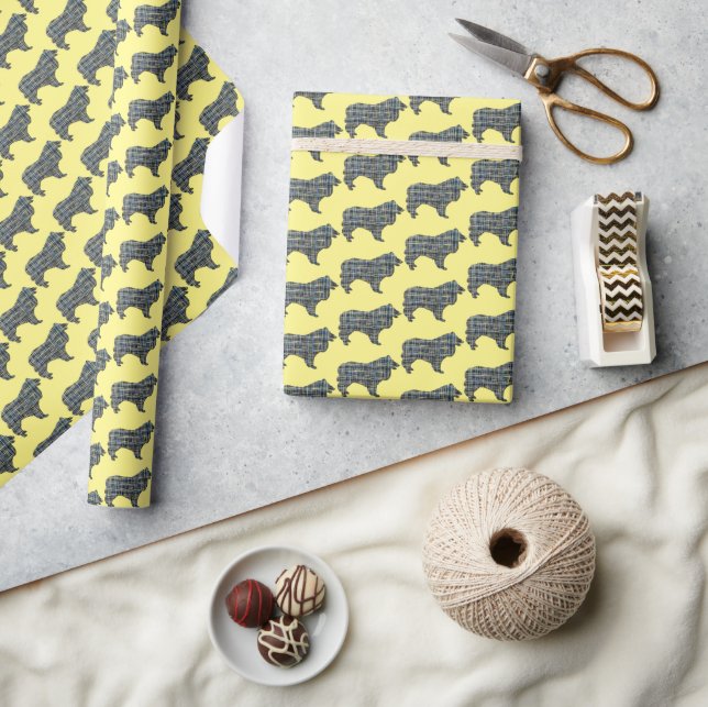 Collie Rough Dog Silhouette Y&B Grid Yellow Wrapping Paper (Crafts)